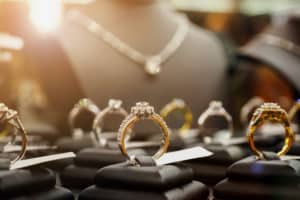 Rings on display in jewelry store