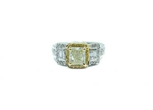 Lady’s White Platinum 3 Stone Engagement Ring With 2.93Tw Emerald Si1 Yellow & White Diamonds