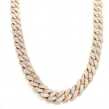 Lady's Tri-Color 14 Karat Cuban Link Necklace With 20.00Tw Round Diamonds