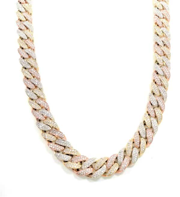 Lady's Tri-Color 14 Karat Cuban Link Necklace With 20.00Tw Round Diamonds