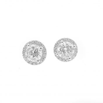Lady's White 14 Karat Huggie Earrings With Round Diamonds