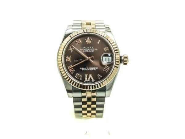 Rolex 31mm Two Tone Stainless Steel and 18k Rose Gold Datejust with Chocolate Diamond Roman Numeral Dial